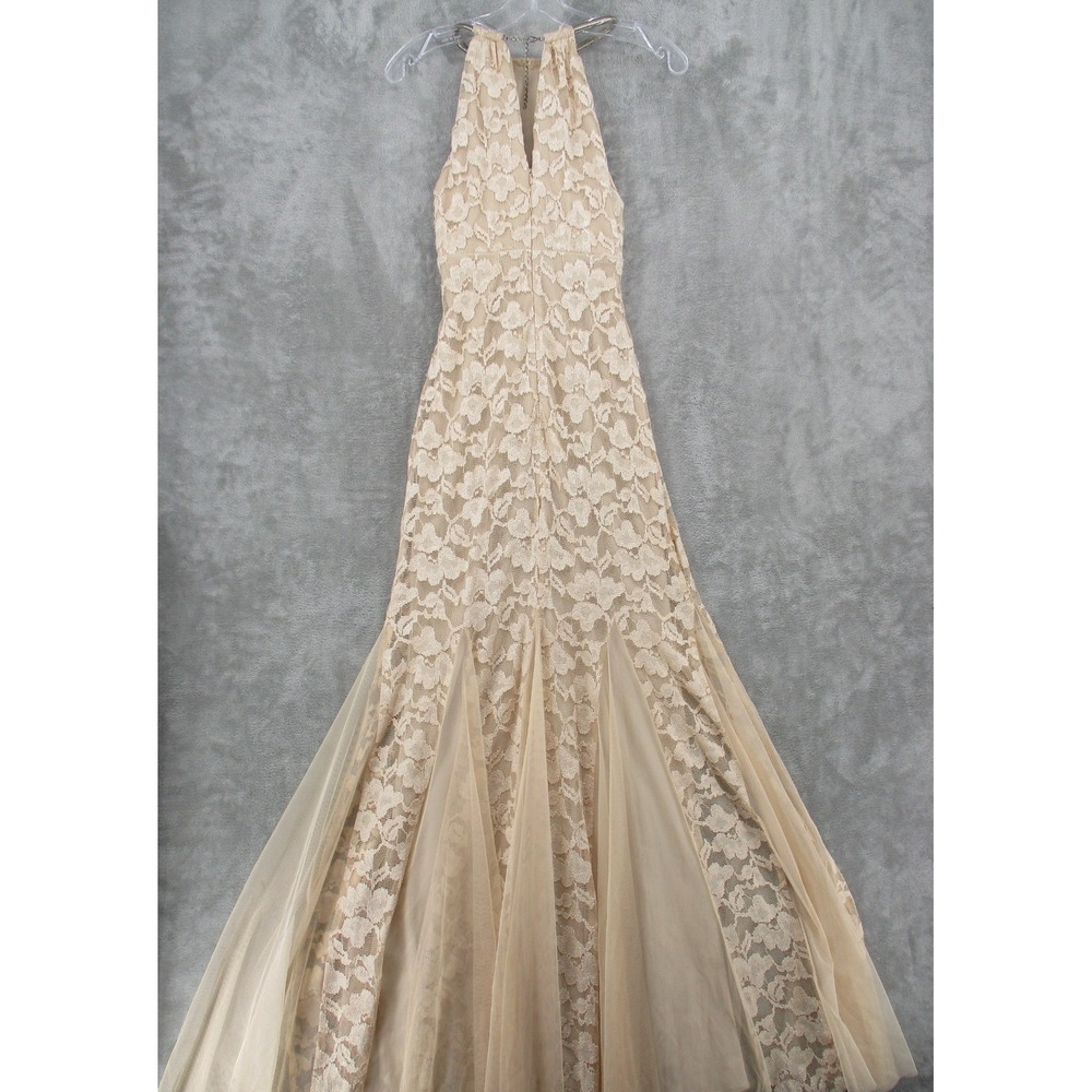 Xscape Dress Womens 4 Sheer Floral  Lace Trumpet Gown Feminine Wedding Lined Tan - Picture 4 of 14